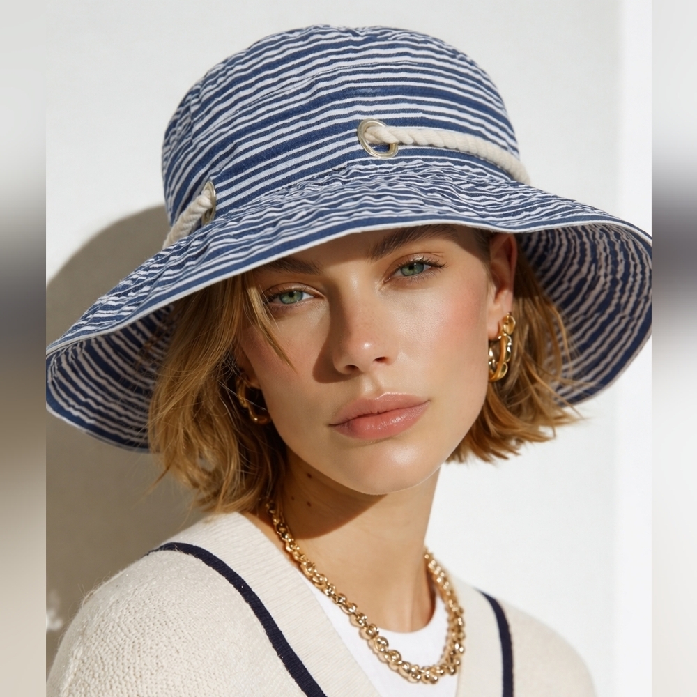 Panama Jack Blue and White Striped Hat